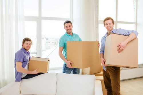 Office relocation planning in Knightsbridge with moving boxes and workspace setup