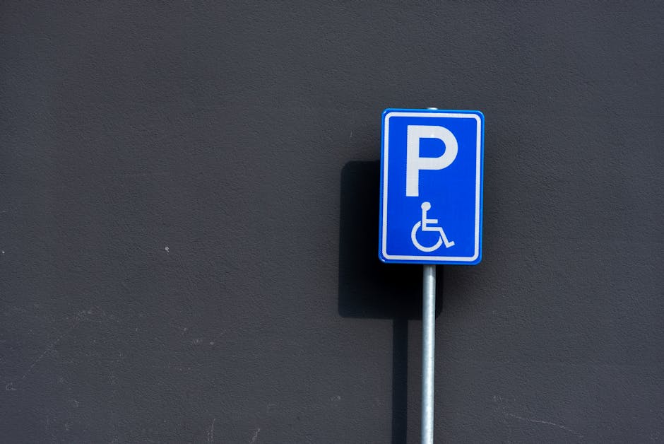 A blue and white parking sign indicating designated parking for disabled individuals, mounted on a metal post attached to a dark grey textured wall. The sign features a large white letter 'P' and a wh